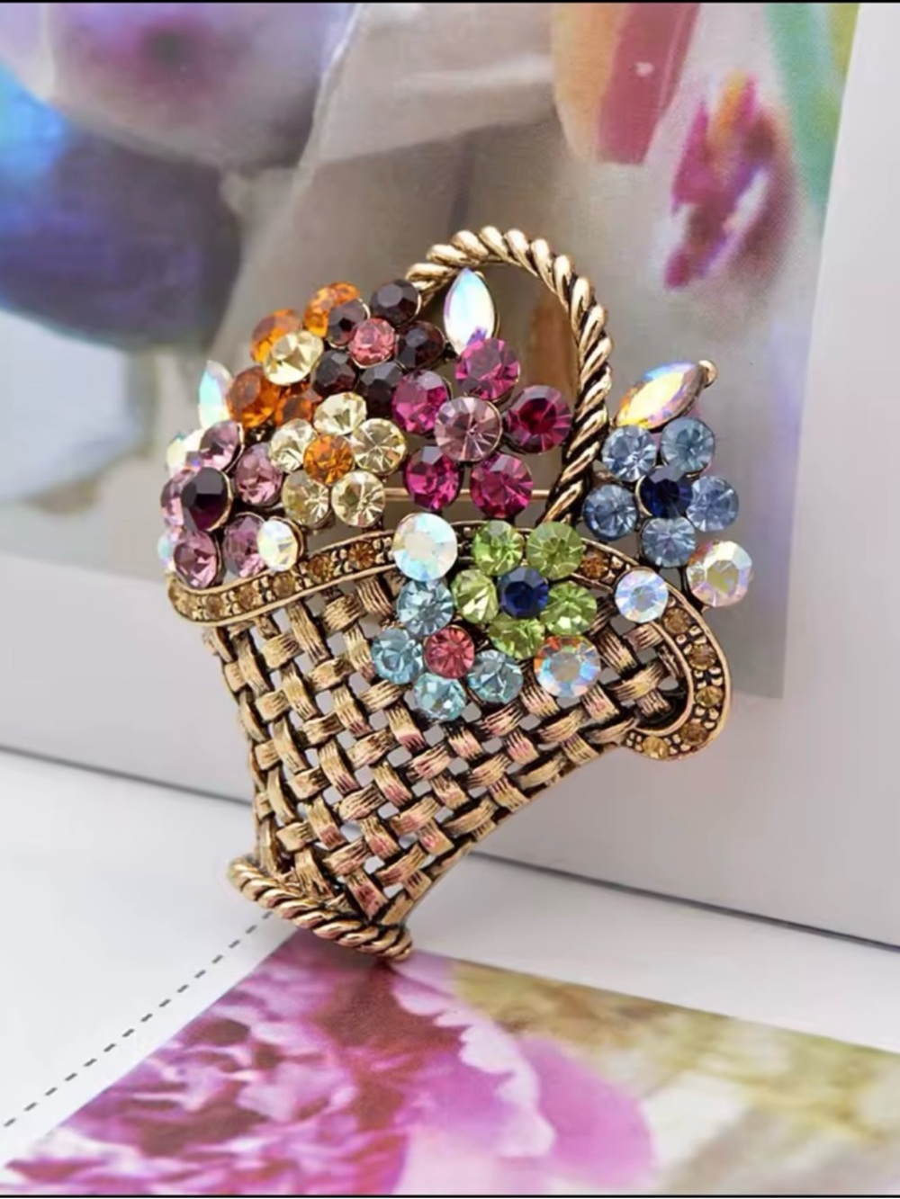 Gold-Tone Multicolor Crystal Flower Basket Brooch